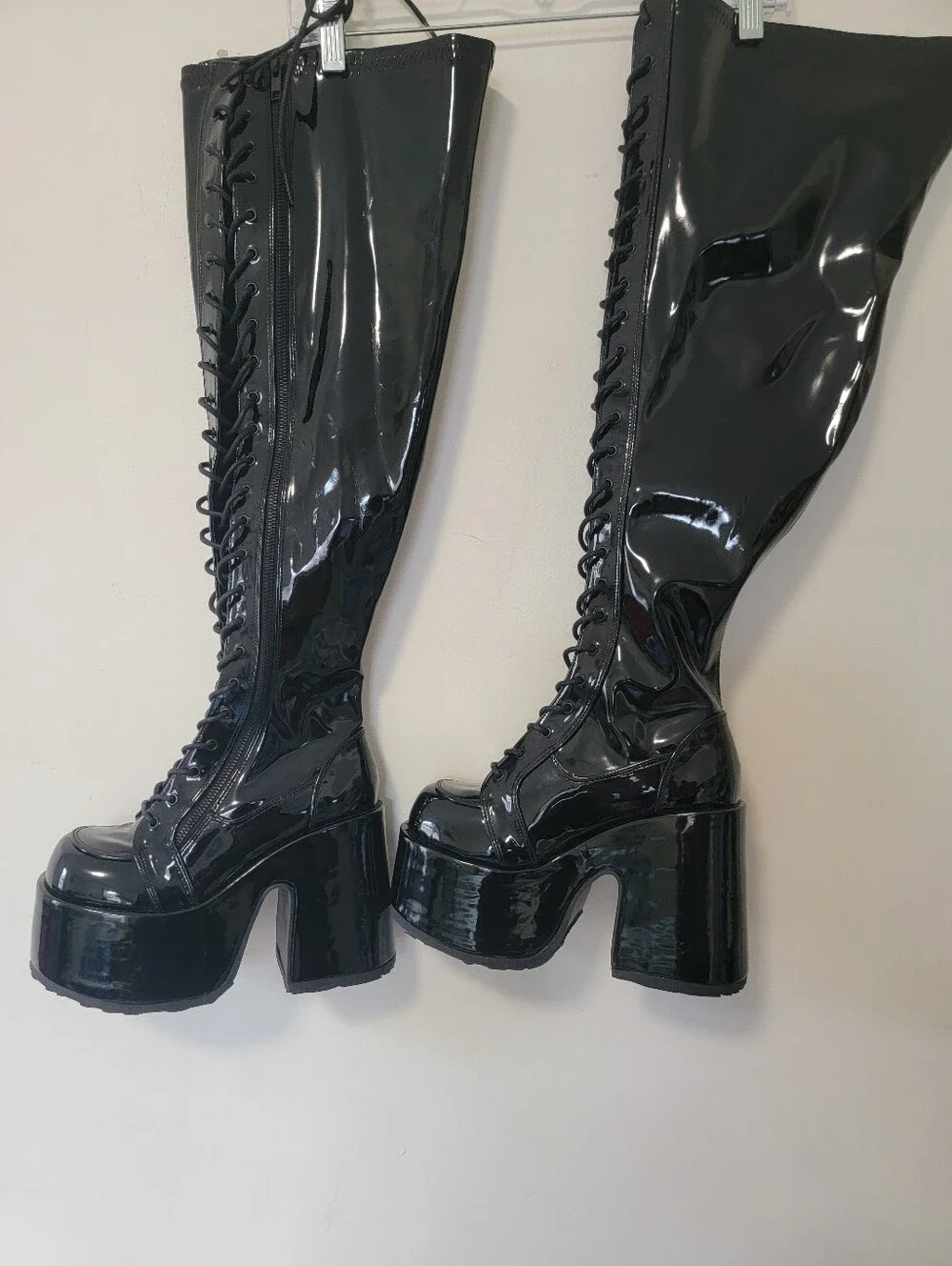 Demonia Camel 300wc High-Shine Black Patent Platform Knee-High Boots